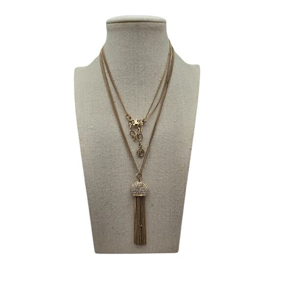 Gold Tone Crystal Tassel Pendant long Necklace New York & Company - Picture 2 of 7